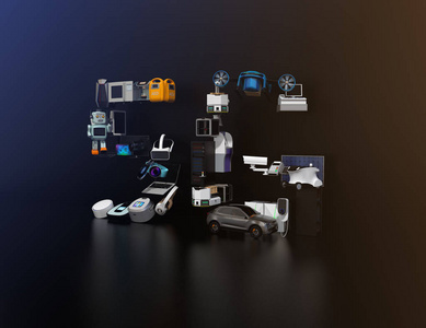 藍色背景上的智能設備?；ヂ摼W的東西和家庭自動化的概念。消費產品。3d 渲染圖像